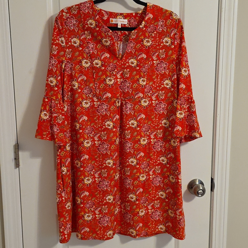Jude Connally Kerry Floral Dress Bell Sleeves Red Cream Tan Pockets Size L Large